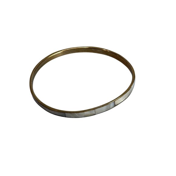 Gold-Tone Thin Bangle Bracelet With Inlaid Abalone Shell Design - Picture 4 of 5